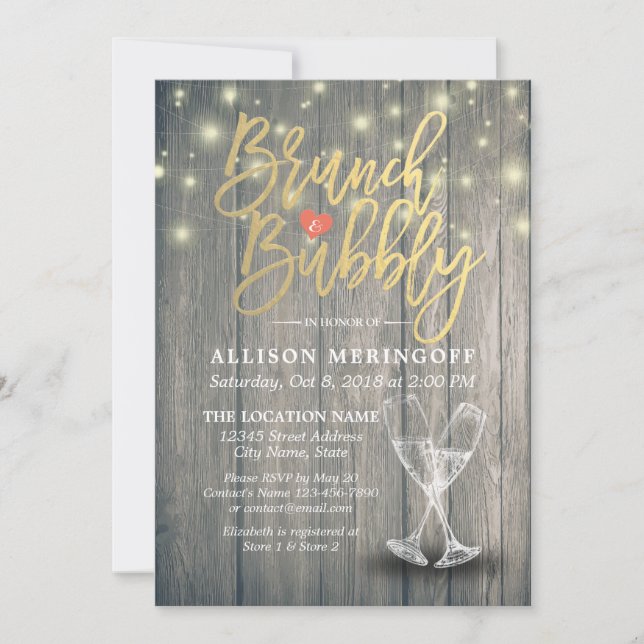 Brunch & Bubbly Bridal Shower Champagne Glass Wood Invitation (Front)
