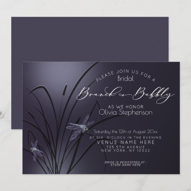  Brunch Bubbly Bridal Shower Dusty Plum Dragonfly Invitation (Front/Back)