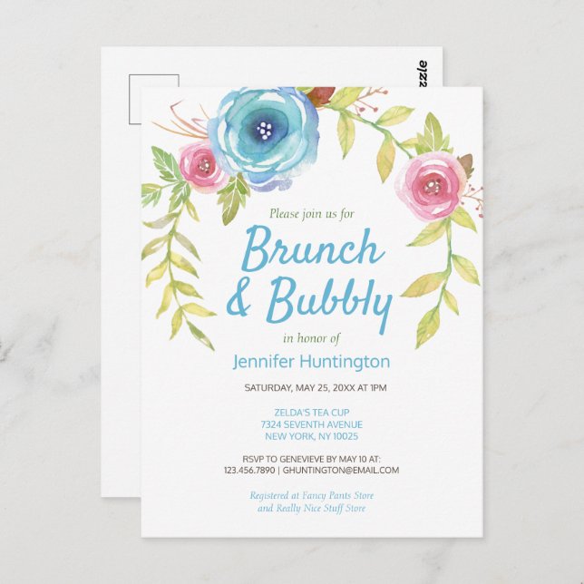Brunch & Bubbly Bridal Shower Floral Invitation Postcard (Front/Back)