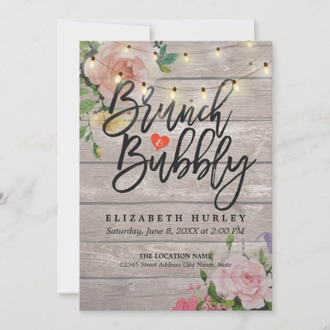 Brunch Bubbly Bridal Shower Floral String Lights Invitation (Front)