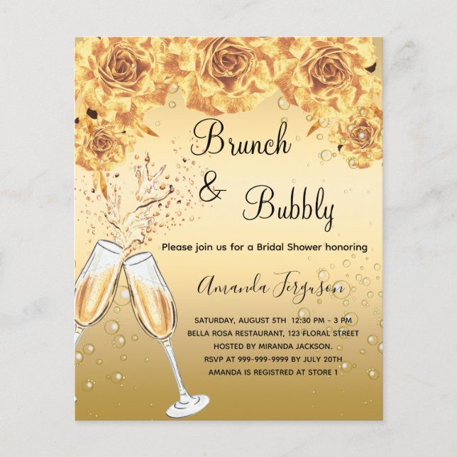 Brunch Bubbly Bridal Shower gold budget invitation Flyer (Front)