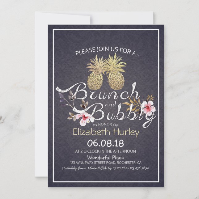 Brunch Bubbly Bridal Shower Gold Pineapple Couple Invitation (Front)