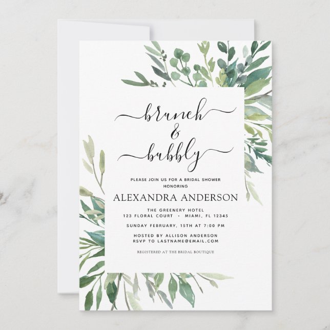 Brunch & Bubbly Bridal Shower Greenery Invitation (Front)