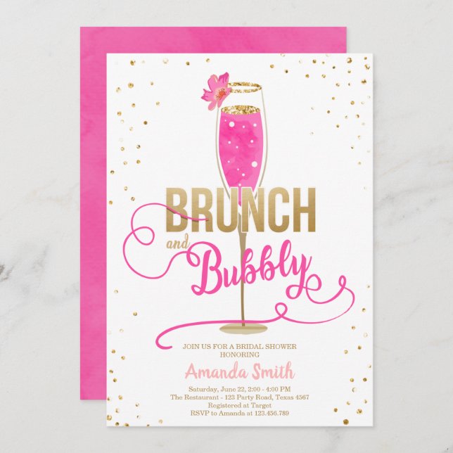 Brunch & Bubbly Bridal Shower Hot Pink Champagne Invitation (Front/Back)