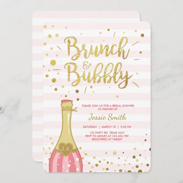 Brunch & Bubbly Bridal shower invitation Pink Gold (Front/Back)