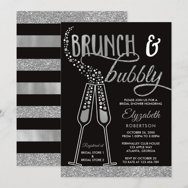 Brunch & Bubbly Bridal Shower Invite, Faux Silver Invitation (Front/Back)