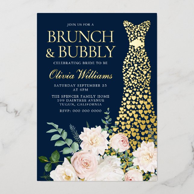 Brunch & Bubbly Bridal Shower Navy & Gold (Front)
