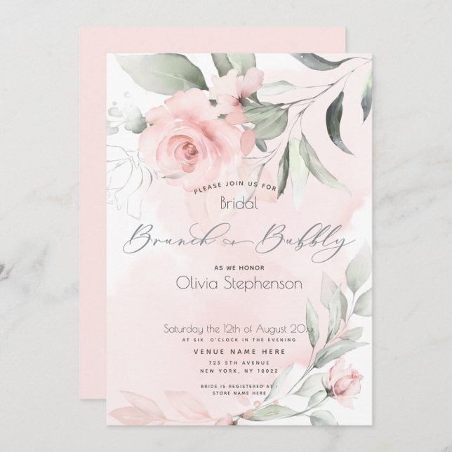 Brunch Bubbly Bridal Shower Pale Pink Floral Invitation (Front/Back)