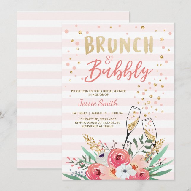 Brunch & Bubbly Bridal Shower Pink Gold Champagne Invitation (Front/Back)
