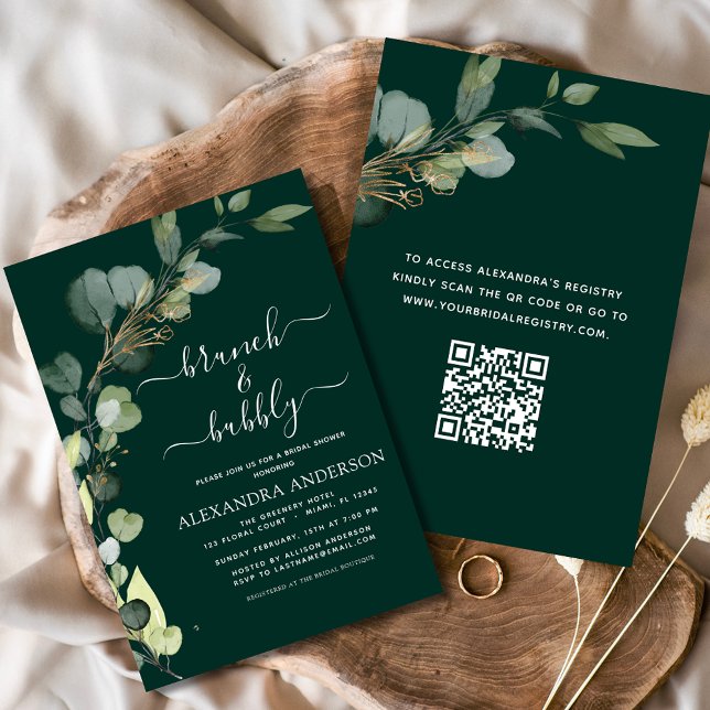 Brunch & Bubbly Bridal Shower QR Code Eucalyptus Invitation (Creator Uploaded)