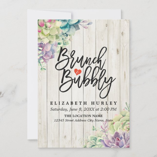 Brunch Bubbly Bridal Shower Succulent Rustic Wood Invitation (Front)
