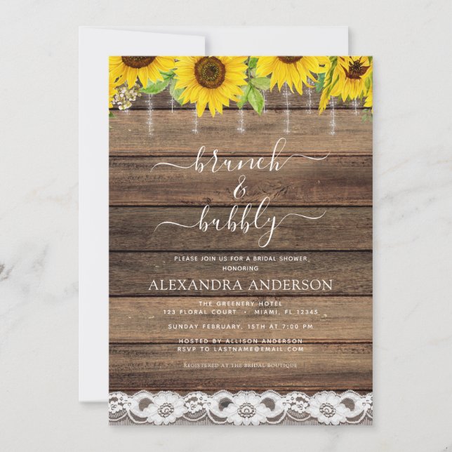 Brunch & Bubbly Bridal Shower Sunflower Rustic  Invitation (Front)