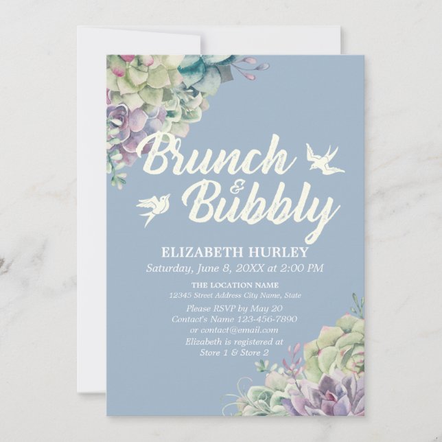 Brunch & Bubbly Bridal Shower Watercolor Succulent Invitation (Front)