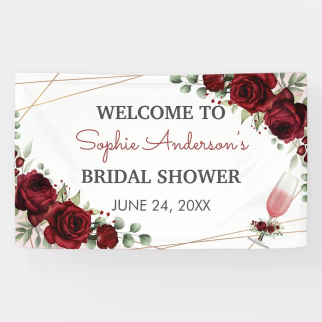 Brunch Bubbly Burgundy Wine Rose Bridal Shower  Banner (Horizontal)