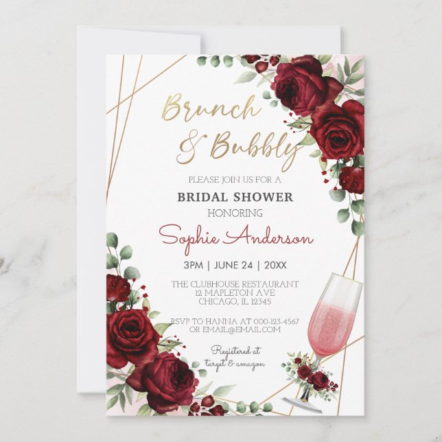 Brunch Bubbly Burgundy Wine Rose Bridal Shower Invitation (Front)