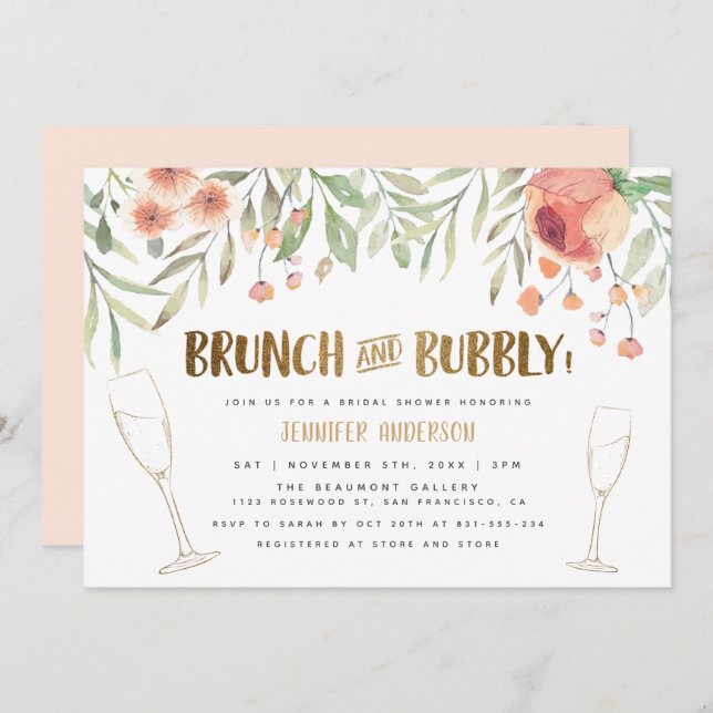 Brunch & Bubbly Champagne & Gold Bridal Shower Invitation (Front/Back)