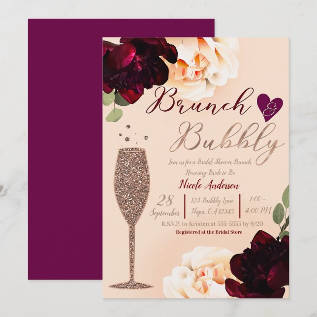Brunch & Bubbly Champagne Peach Gold Bridal Shower Invitation (Front/Back)
