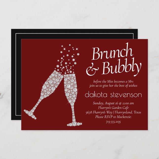 Brunch Bubbly | Dark Red Black White Bridal Shower Invitation (Front/Back)
