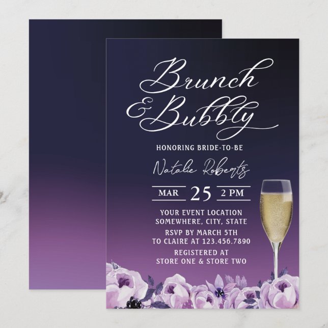 Brunch Bubbly Deep Purple Floral Bridal Shower Invitation (Front/Back)