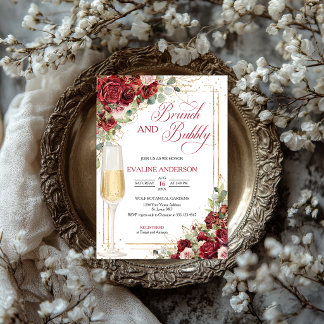 Brunch & Bubbly Elegant Red Rose Bridal Shower | Invitation