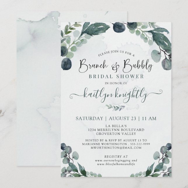 Brunch & Bubbly Eucalyptus Bridal Shower Invitatio Invitation (Front/Back)
