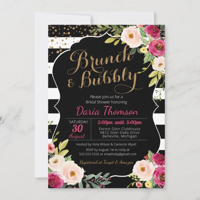 Brunch & Bubbly Floral Black White Pink Shower Invitation (Front)