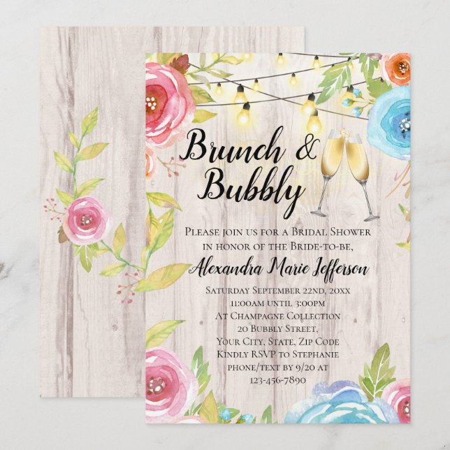 Brunch Bubbly Flower Country String Lights Wedding Invitation (Front/Back)
