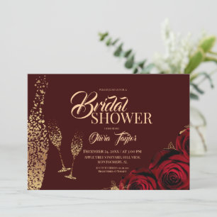 Brunch & Bubbly Gold Burgundy Roses Bridal Shower Invitation