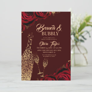 Brunch & Bubbly Gold Burgundy Roses Bridal Shower Invitation