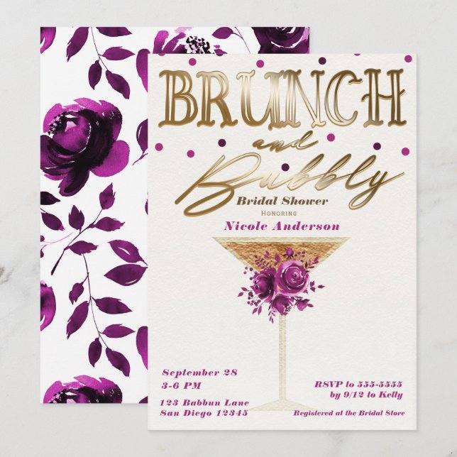 Brunch Bubbly Gold Pink Wine Floral Bridal Shower Invitation (Front/Back)
