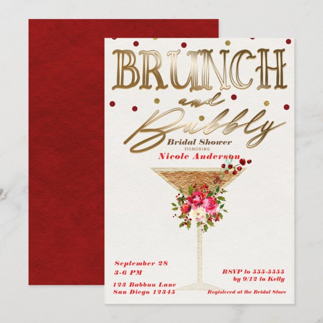 Brunch & Bubbly Gold Red Holiday Bridal Shower Invitation (Front/Back)