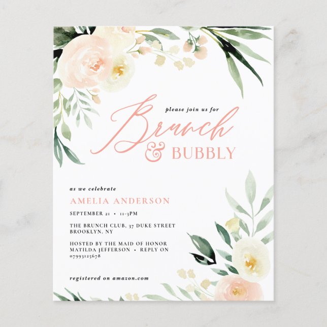 Brunch & bubbly green and peach watercolor floral (Front)