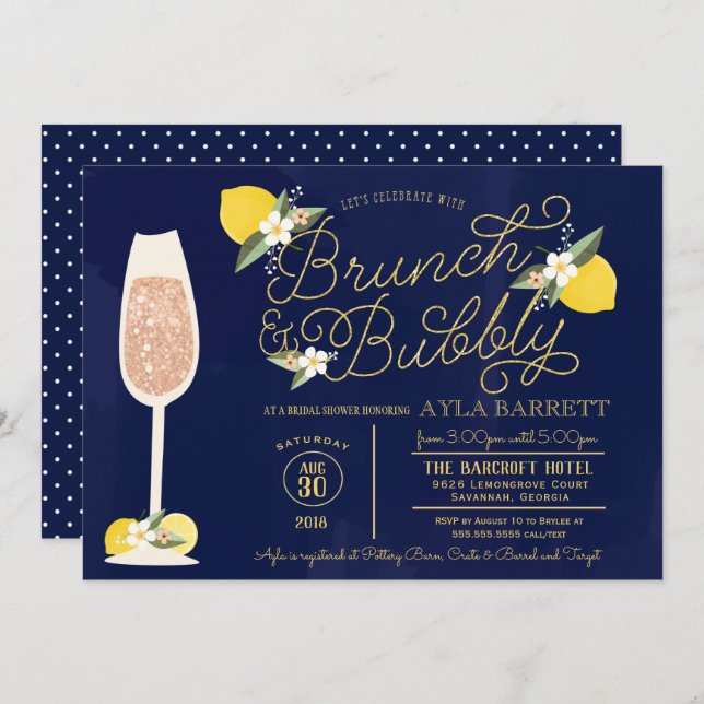 Brunch & Bubbly Lemon & Navy Blue Bridal Shower Invitation (Front/Back)