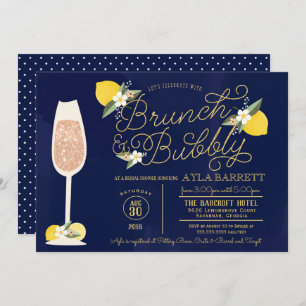 Brunch & Bubbly Lemon & Navy Blue Bridal Shower Invitation