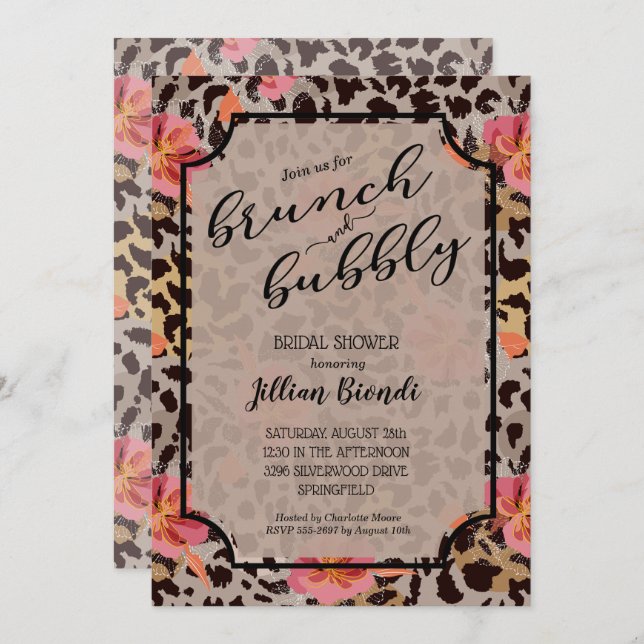 Brunch Bubbly Leopard Bridal Shower Invitation (Front/Back)