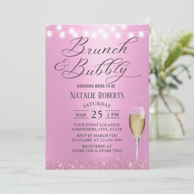 Brunch & Bubbly Modern Pink Bridal Shower Invitation (Standing Front)