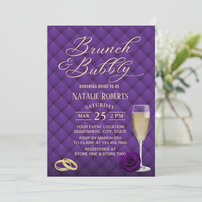 Brunch & Bubbly Modern Purple & Gold Bridal Shower Invitation (Standing Front)