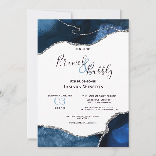 Brunch Bubbly Navy Silver Glitter Agate Shower Invitation (Front)