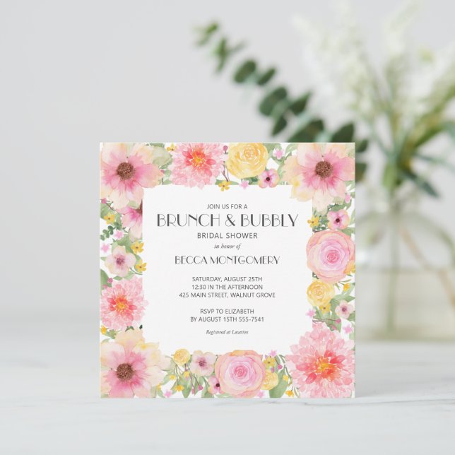 Brunch Bubbly Pink Floral Bridal Shower Invites (Standing Front)