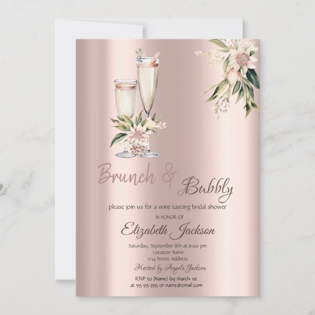 Brunch & Bubbly Pink Flowers Drips Bridal Shower  Invitation (Front)