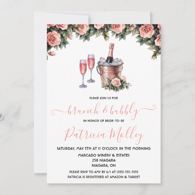 Brunch & Bubbly, Pink & Green Roses, Bridal Shower Invitation (Front)