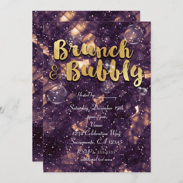 Brunch & Bubbly Purple Gold Glam Chic Invitations (Front/Back)