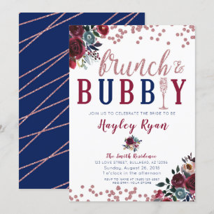 Brunch & Bubbly Rose Gold Burgundy Navy Champagne Invitation
