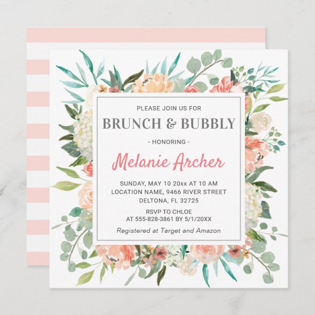 Brunch Bubbly Spring Peach Floral Bridal Shower Invitation (Front/Back)