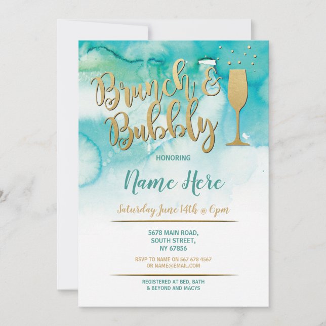Brunch & Bubbly Teal Gold Bridal Shower Invite (Front)