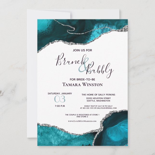 Brunch Bubbly Teal Silver Glitter Agate Shower Invitation (Front)