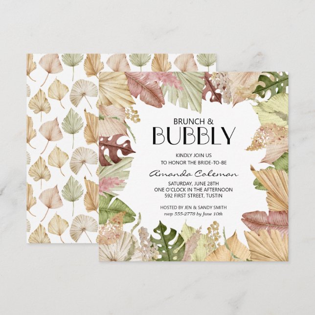Brunch Bubbly Tropical Leaves Bridal Shower Invitation (Front/Back)