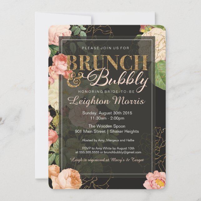 Brunch & Bubbly Vintage Glitter Floral Shower Invitation (Front)
