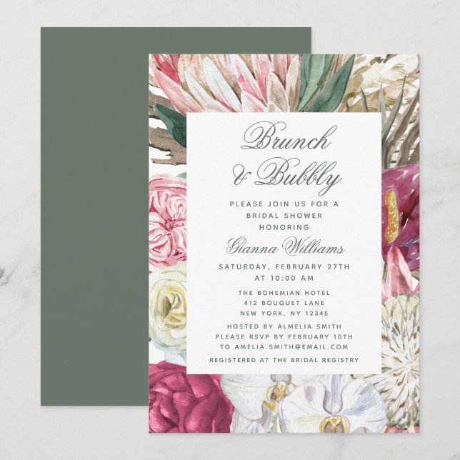 Brunch & Bubbly Watercolor Floral Bridal Shower Invitation (Front/Back)