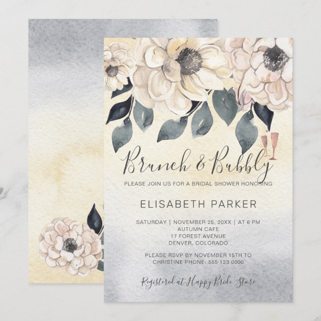 Brunch & bubbly watercolor floral bridal shower invitation (Front/Back)